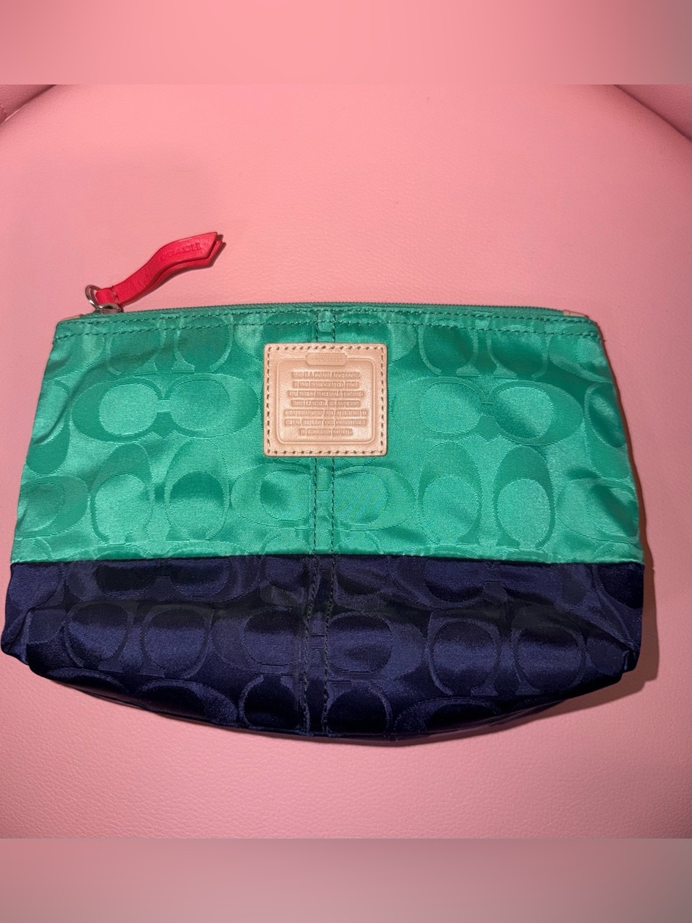 Coach Two-Tone Teal & Navy Signature Cosmetic Pouch with Red Zip Pull